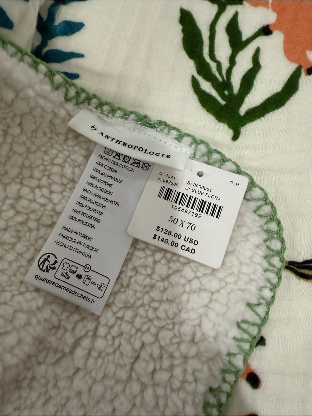 Anthropologie Gauze Cotton Sherpa Floral Printed Throw Blanket - Picture 5 of 5